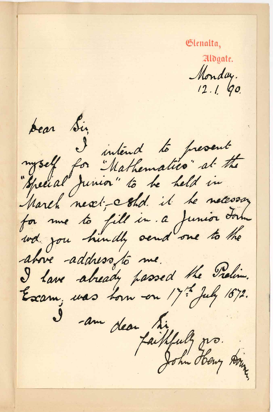 John Henry Downer - Aldgate - Particulars re Special Junior Examination in March