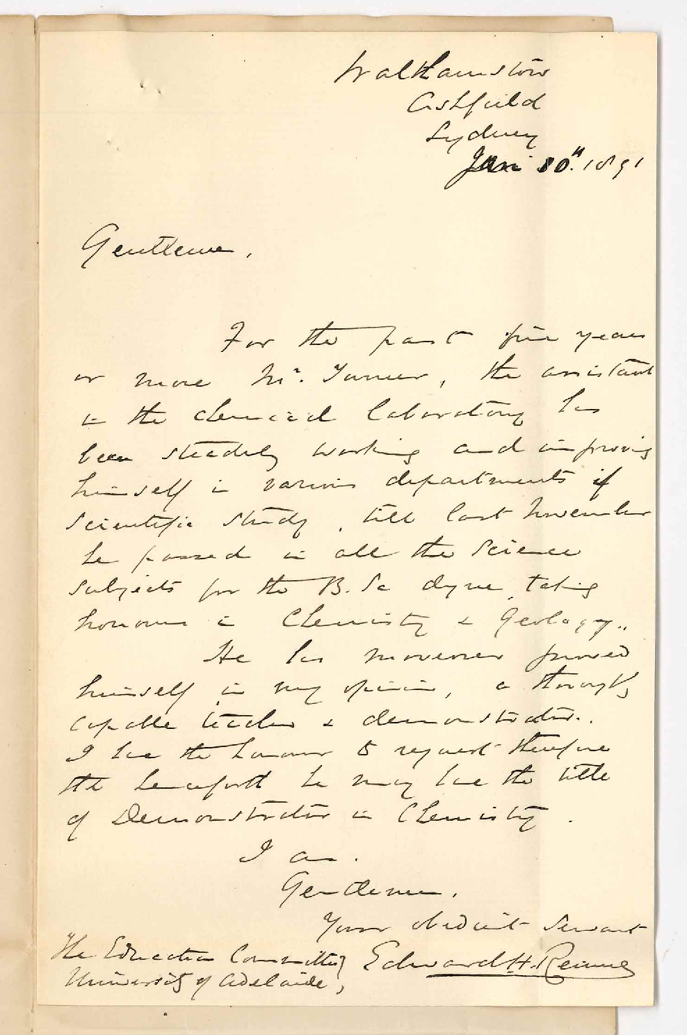 Professor Edward Henry Rennie - Recommending the appointment of Mr Turner as Demonstrator in Chemistry