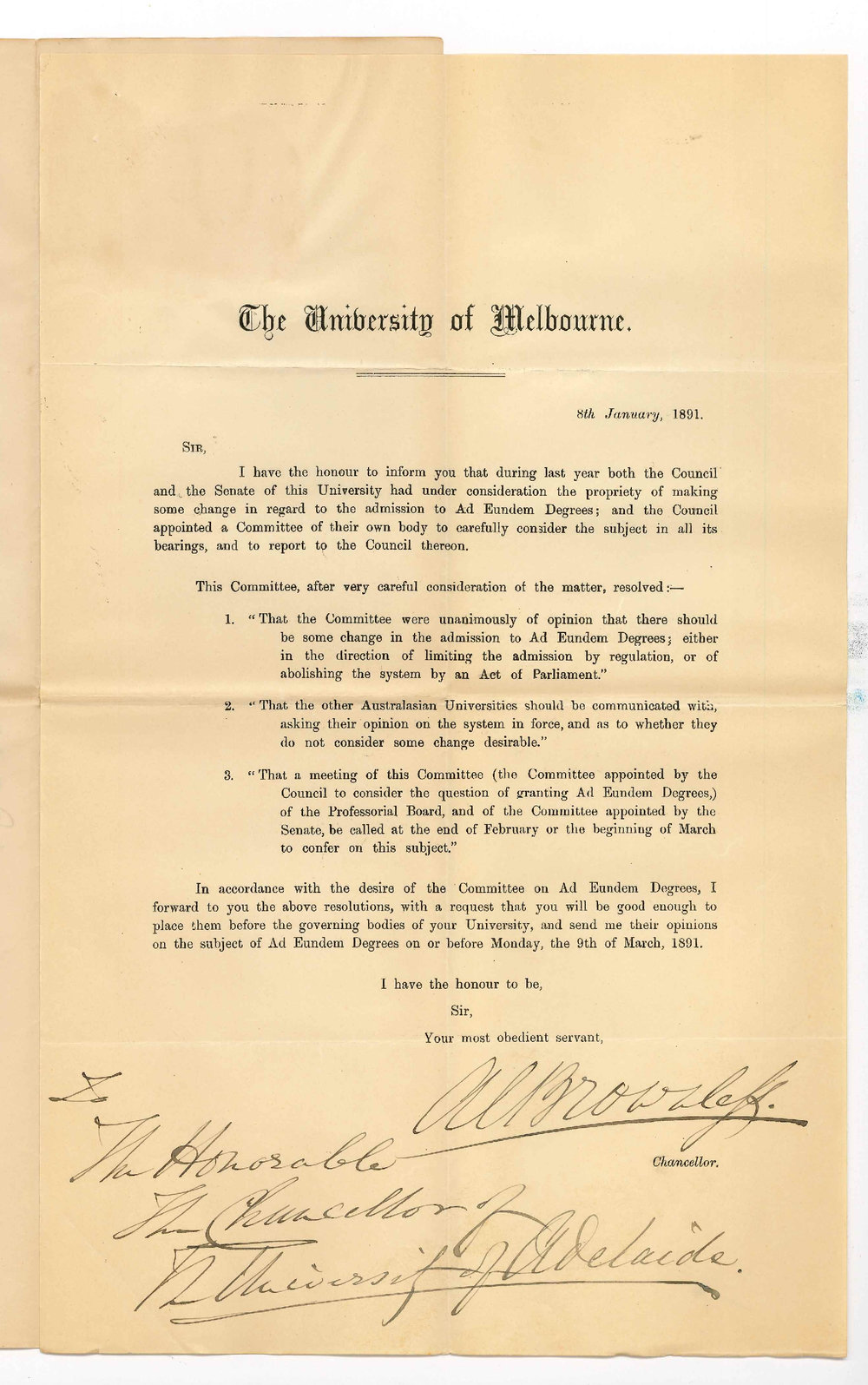 Dr Anthony Colling Brownless - The Chancellor - University of Melbourne - Regarding admission to ad eundem degrees