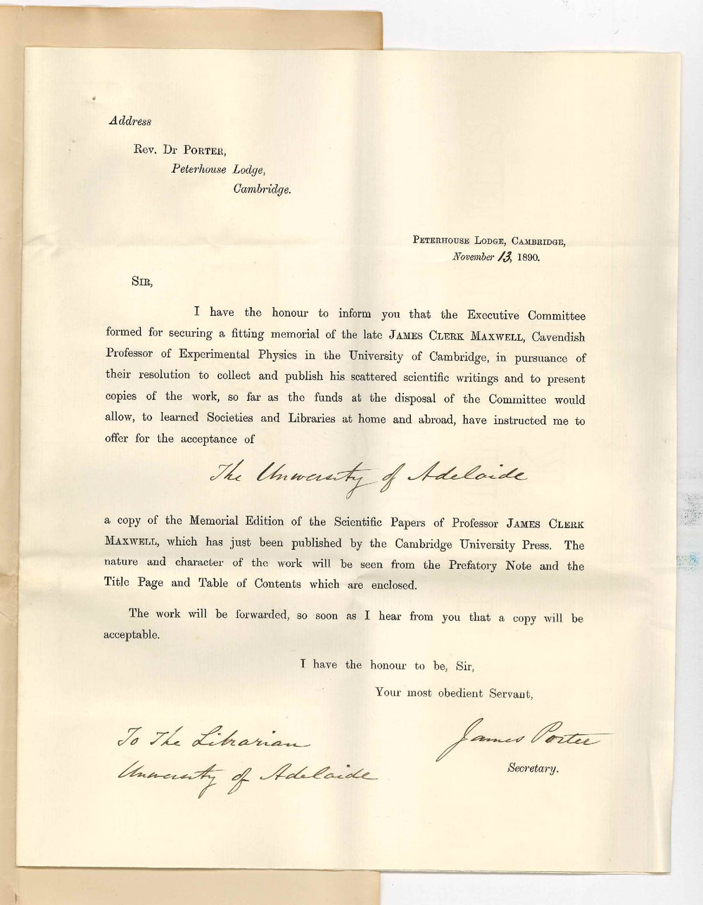 Reverend Dr James Porter - Cambridge - Offering a copy of the Scientific papers of Professor Maxwell