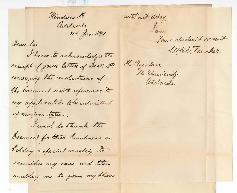 W A E Tucker - Flinders Street - Thanking Council for admitting him ad eundem statum to MB Course