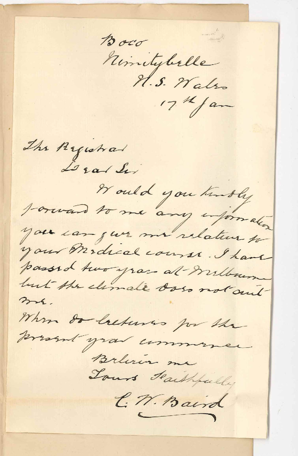 C W Baird - New South Wales - Particulars re MB Course