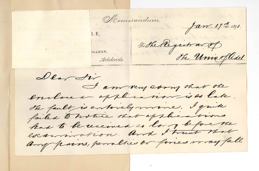 Frederic Chapple - Prince Alfred College - Late entry for Angas Engineering Exhibition Examination