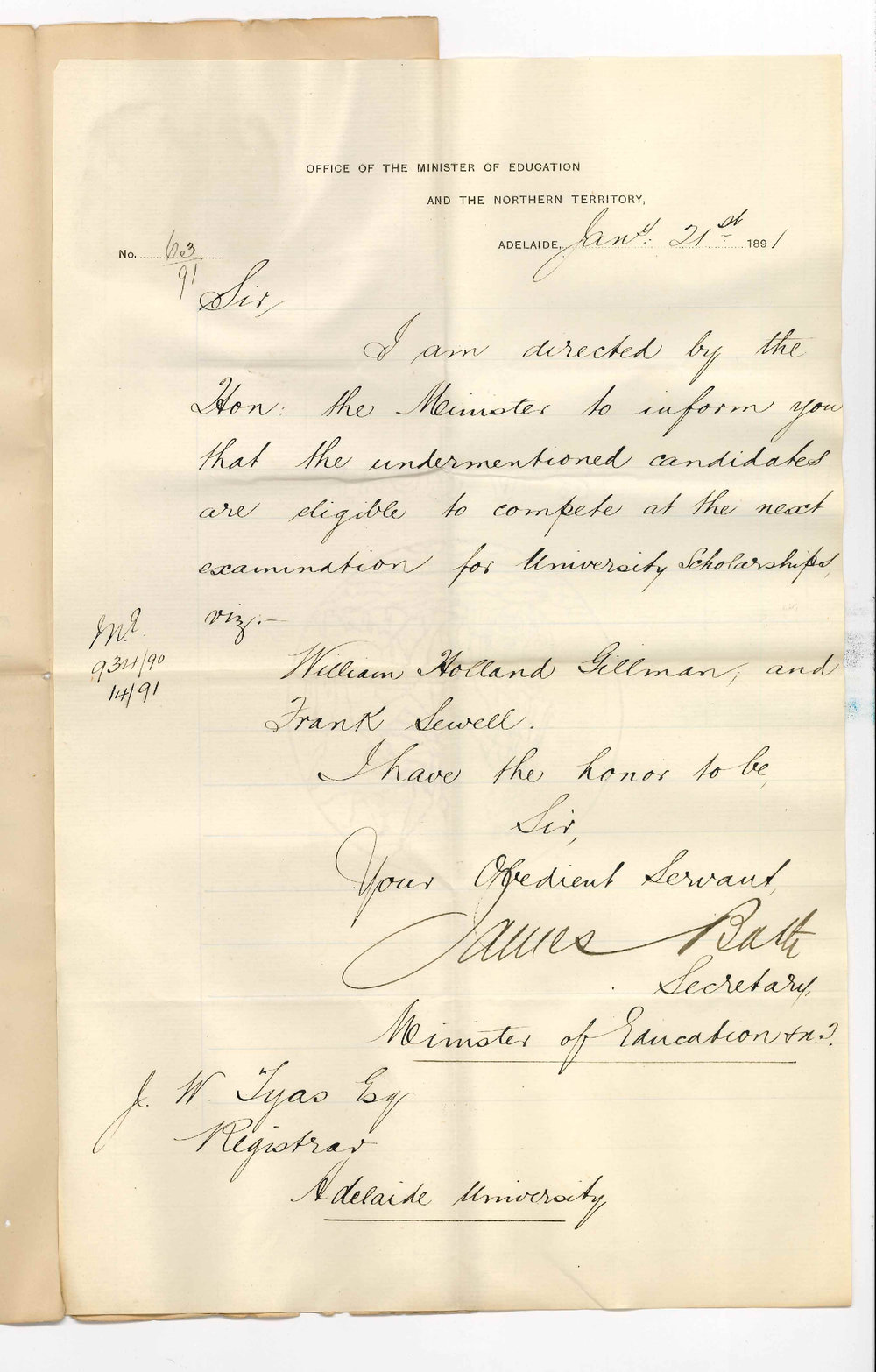 James Bath - Minister of Education - Adelaide - Entries for University Scholarships