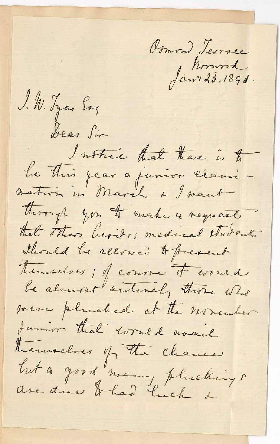 Annie Montgomery Martin - Norwood - Asking that other than students for Medicine may be admitted to the Special Junior Examination in March