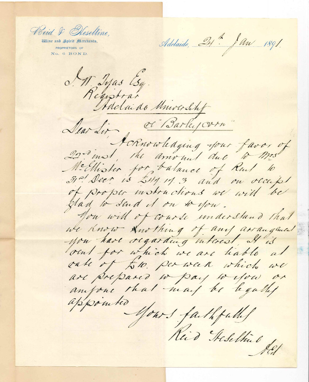 W L Reid and Samuel Richard Heseltine - Adelaide - Regarding the payment of Interest on McEllisters Mortgage