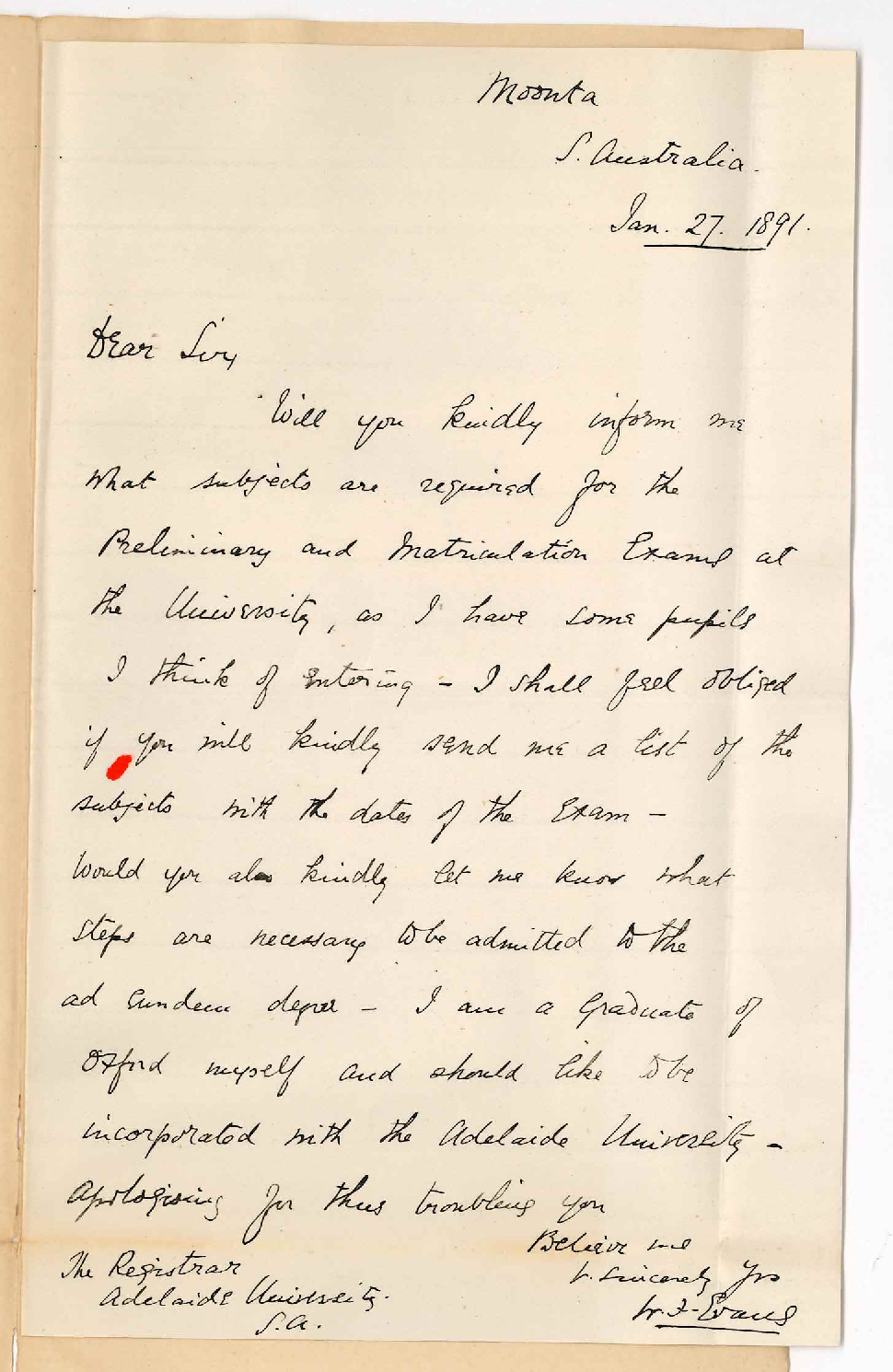 W F Evans - Moonta - Information regarding University Examinations