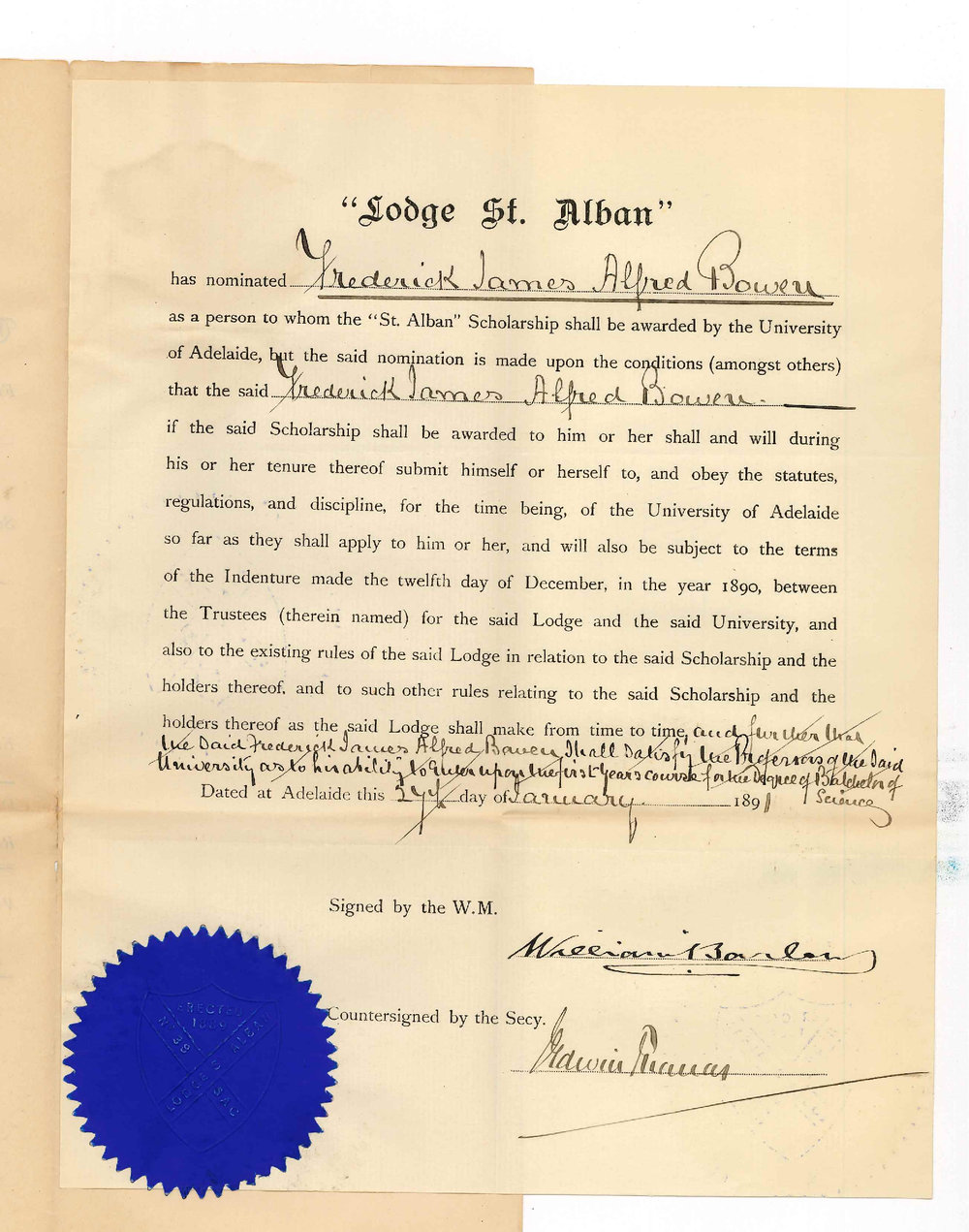 Frederick James Alfred Bowen - St Albans Lodge - Adelaide - Nomination of a Scholar - William Barlow