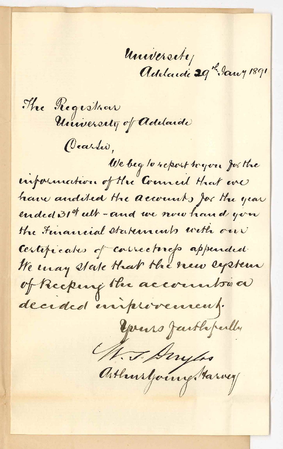 Arthur George Harvey and W J Douglas - Auditors - Report concerning audit of accounts