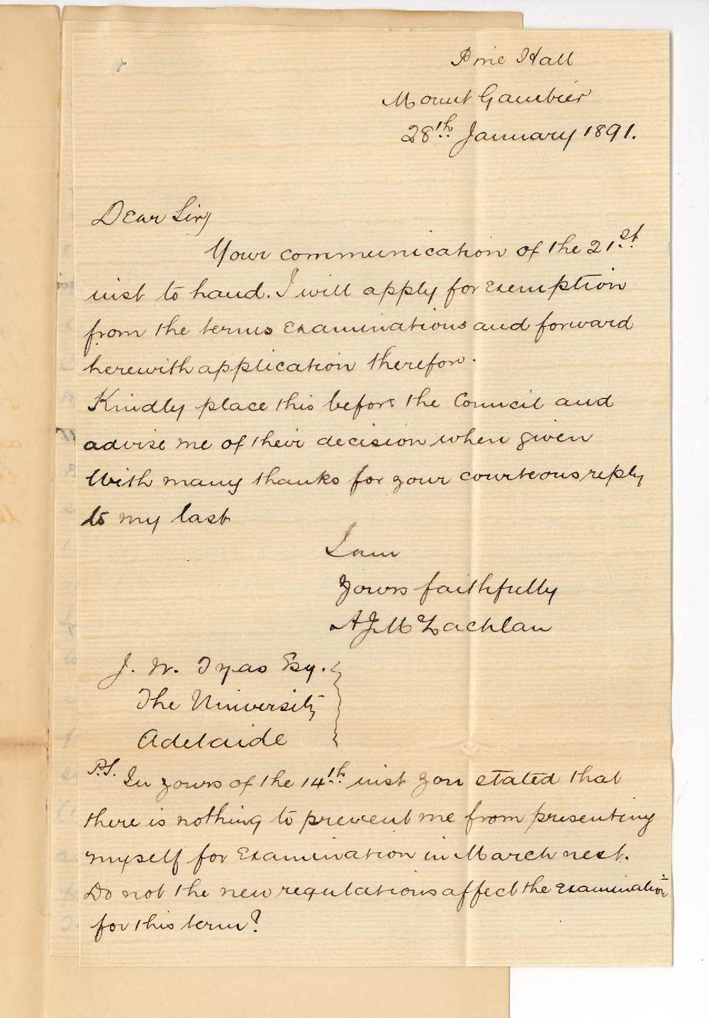 A J McLachlan - Mt Gambier - Application for exemption from Term Examinations