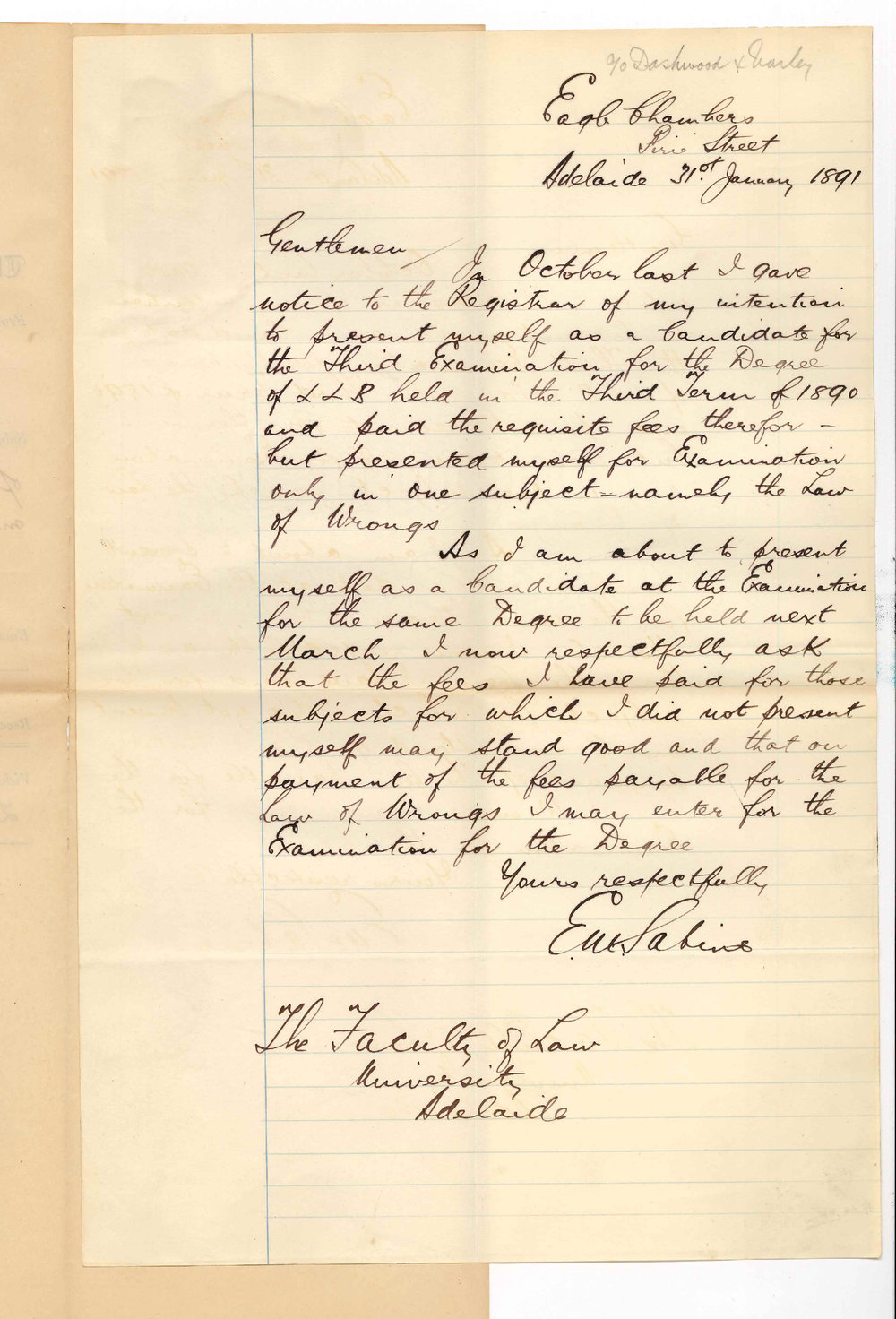 E M Sabine - Pirie Street - Asking that a portion of Examination fees paid in December 1890 may stand to credit for March 1891