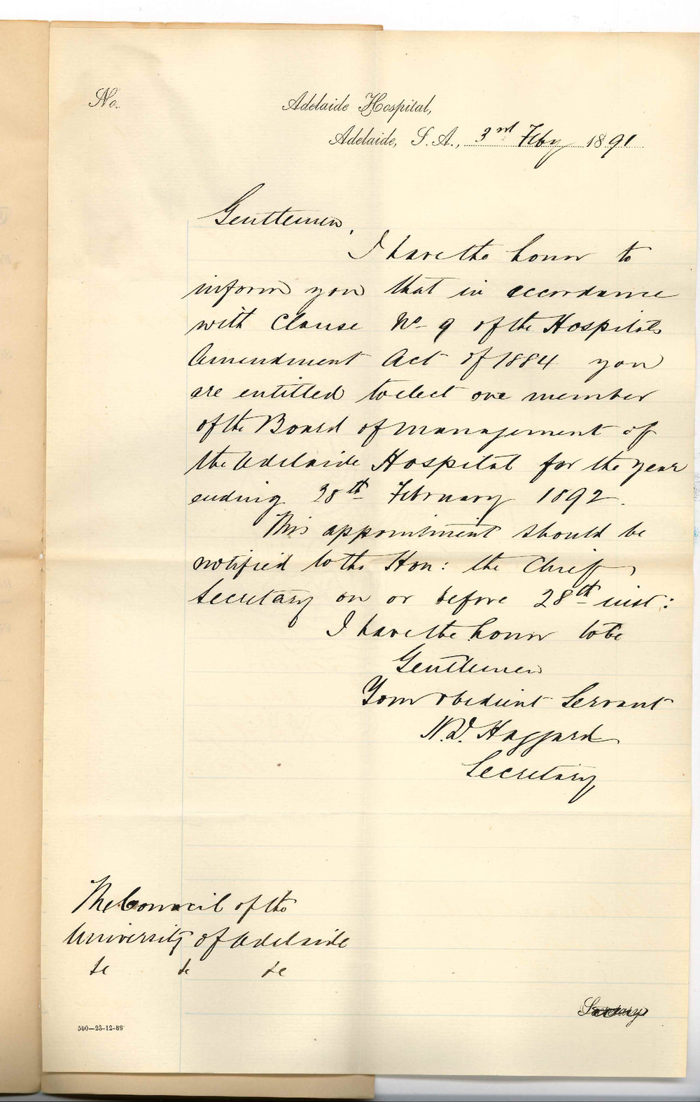 H D Haggard - Secretary - Adelaide Hospital - Election of Representative of University of Board of Management
