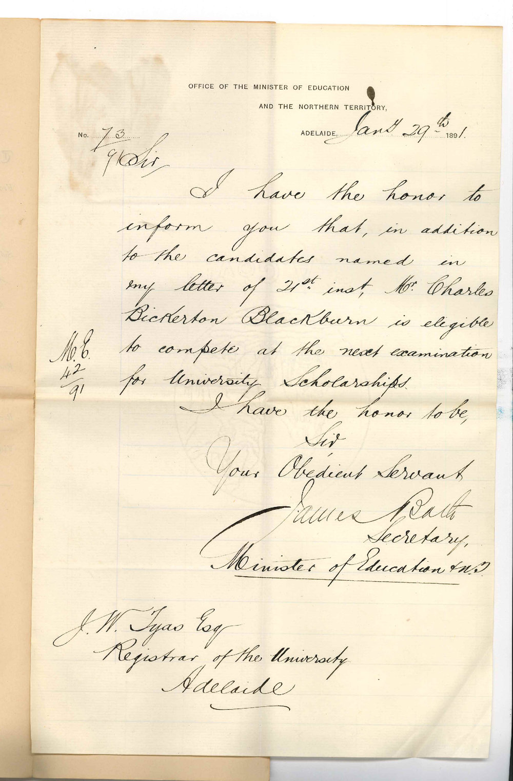 James Bath - Minister of Education - Adelaide - Candidate for University Scholarships Examination in March 1891