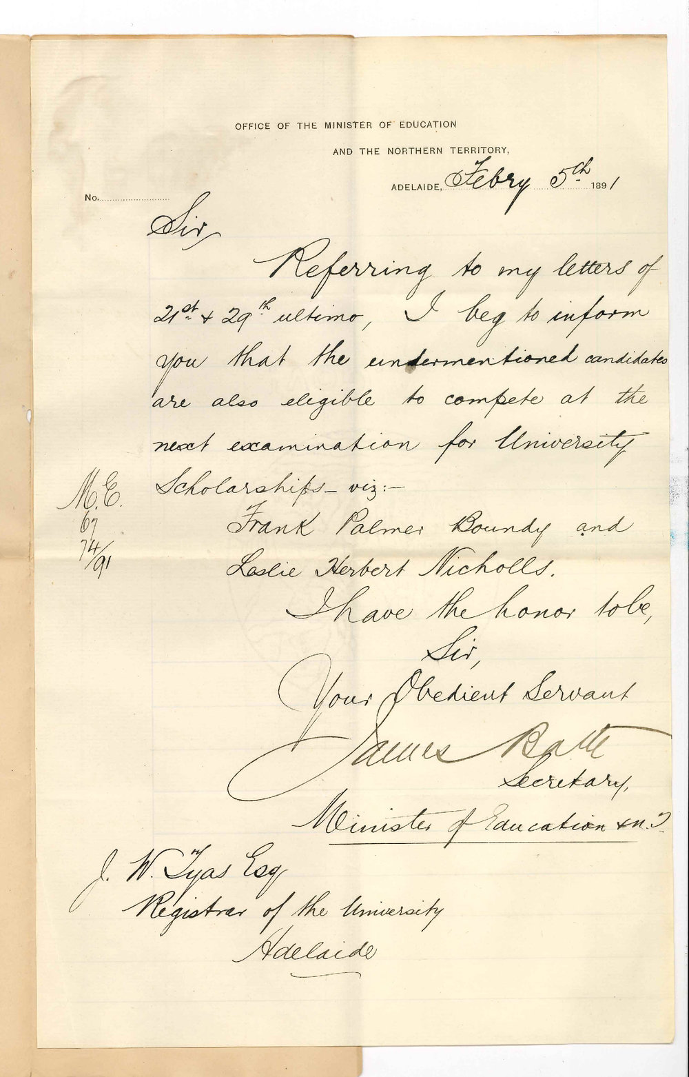James Bath - Minister of Education - Adelaide - Entries for Universities Scholarship Examination