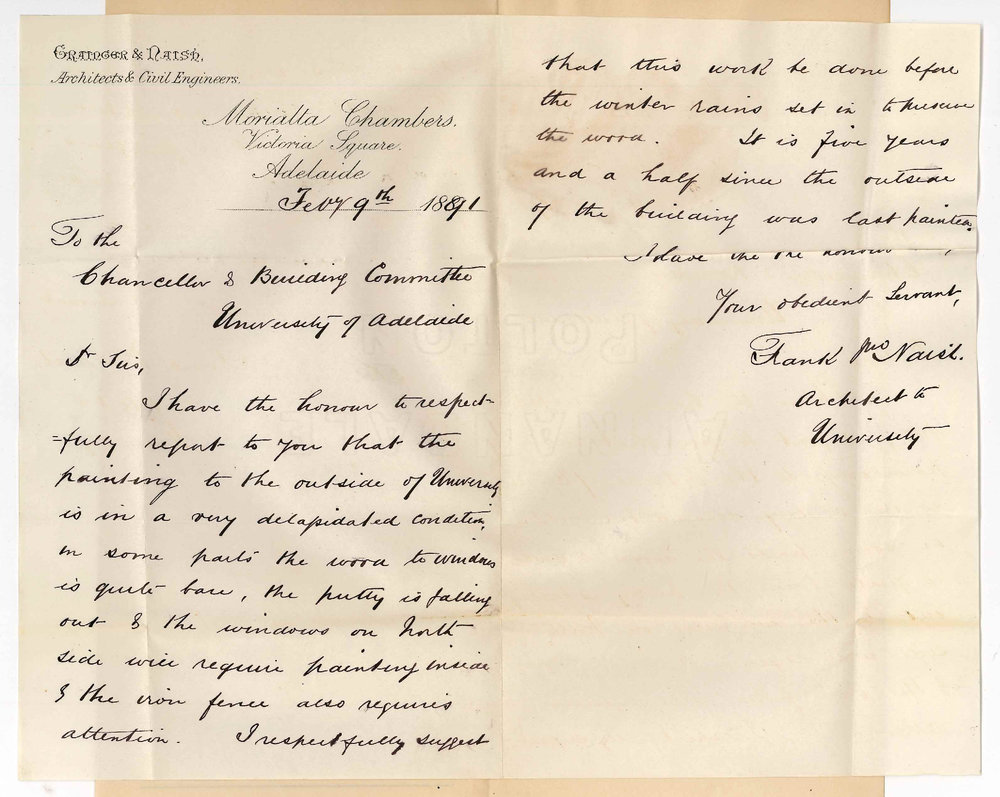 Frank John Naish - Adelaide - Report as to state of paint on windows at University