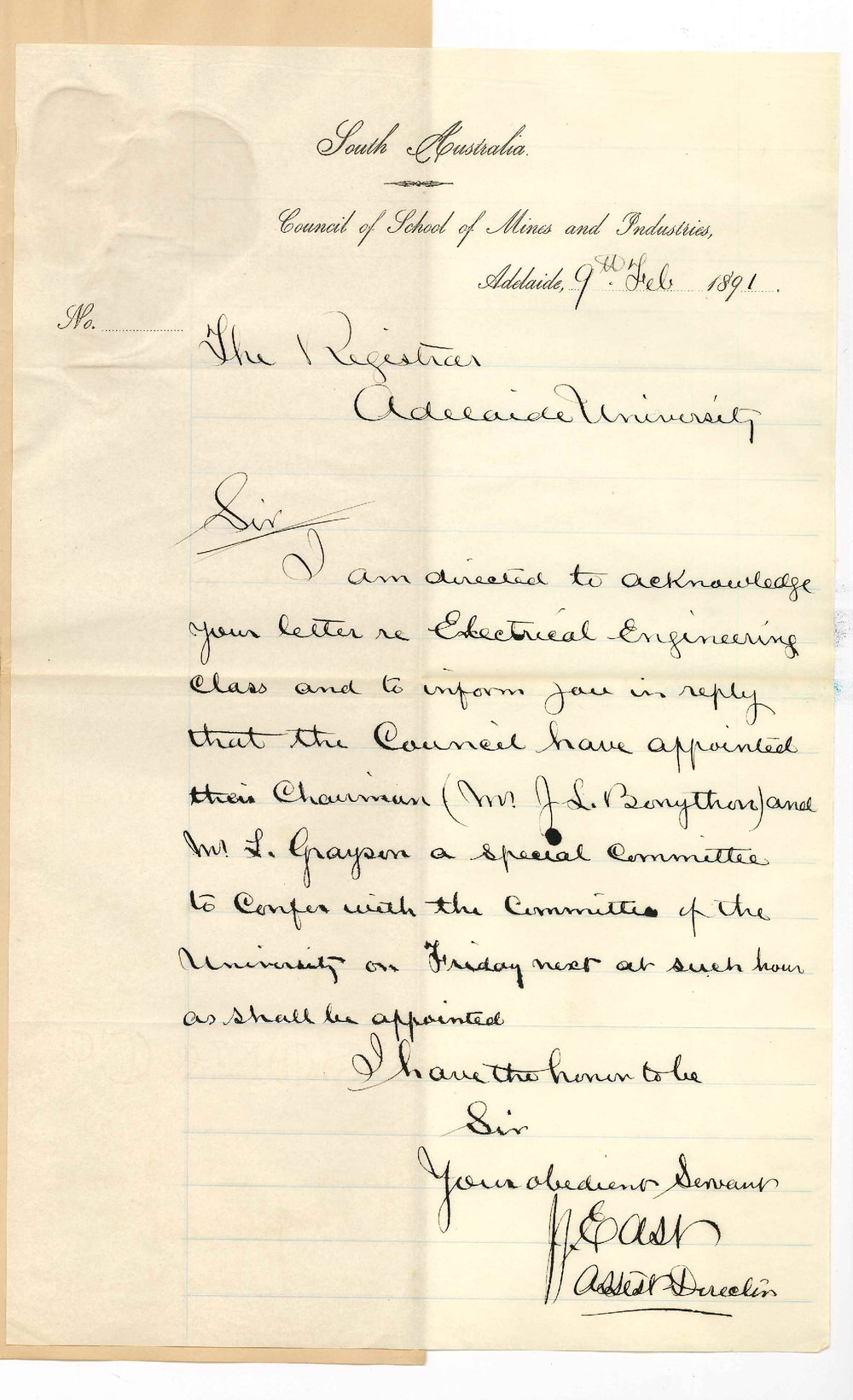 J J East - School of Mines - Appointment of Delegates to confer with Committees re Electrical Engineering Class