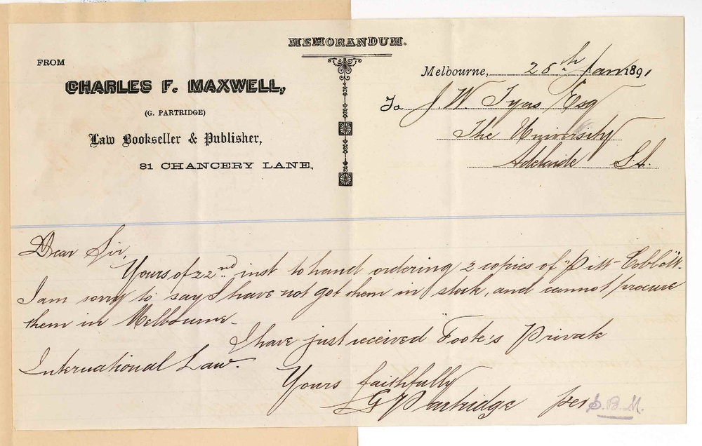 Charles F Maxwell - G Partridge - Melbourne - Cannot procure copies of Pitt Cobbetts International Law