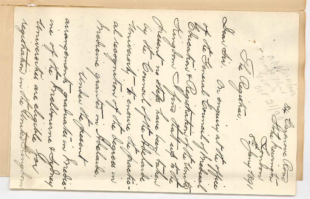 Dr C Magarey - London - Re recognition of Adelaide Degrees by General Medical Council