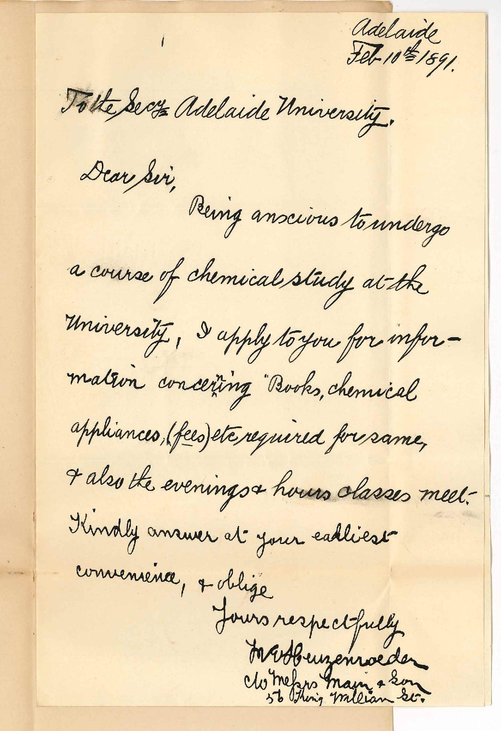W E Heuzenroeder - Adelaide - Evening Classes in Chemistry