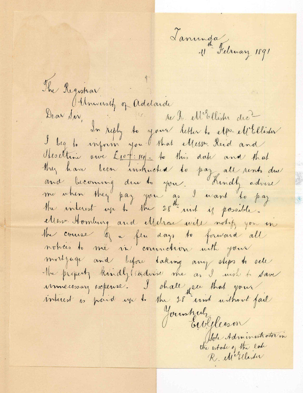 E W Gleeson - Tanunda - Regarding payment of Interest on McEllisters mortgage