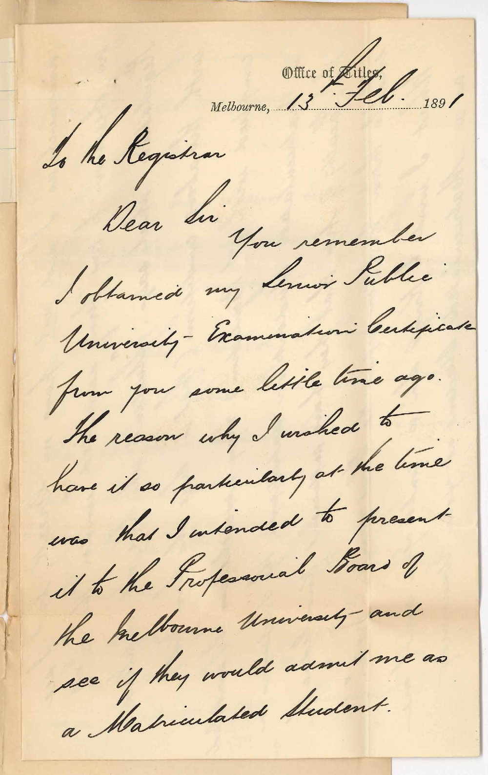 Edward Fitzhaley a'Beckett - Registrar - University of Melbourne - J W Casey - Melbourne - Matriculation Examination and the Melbourne University