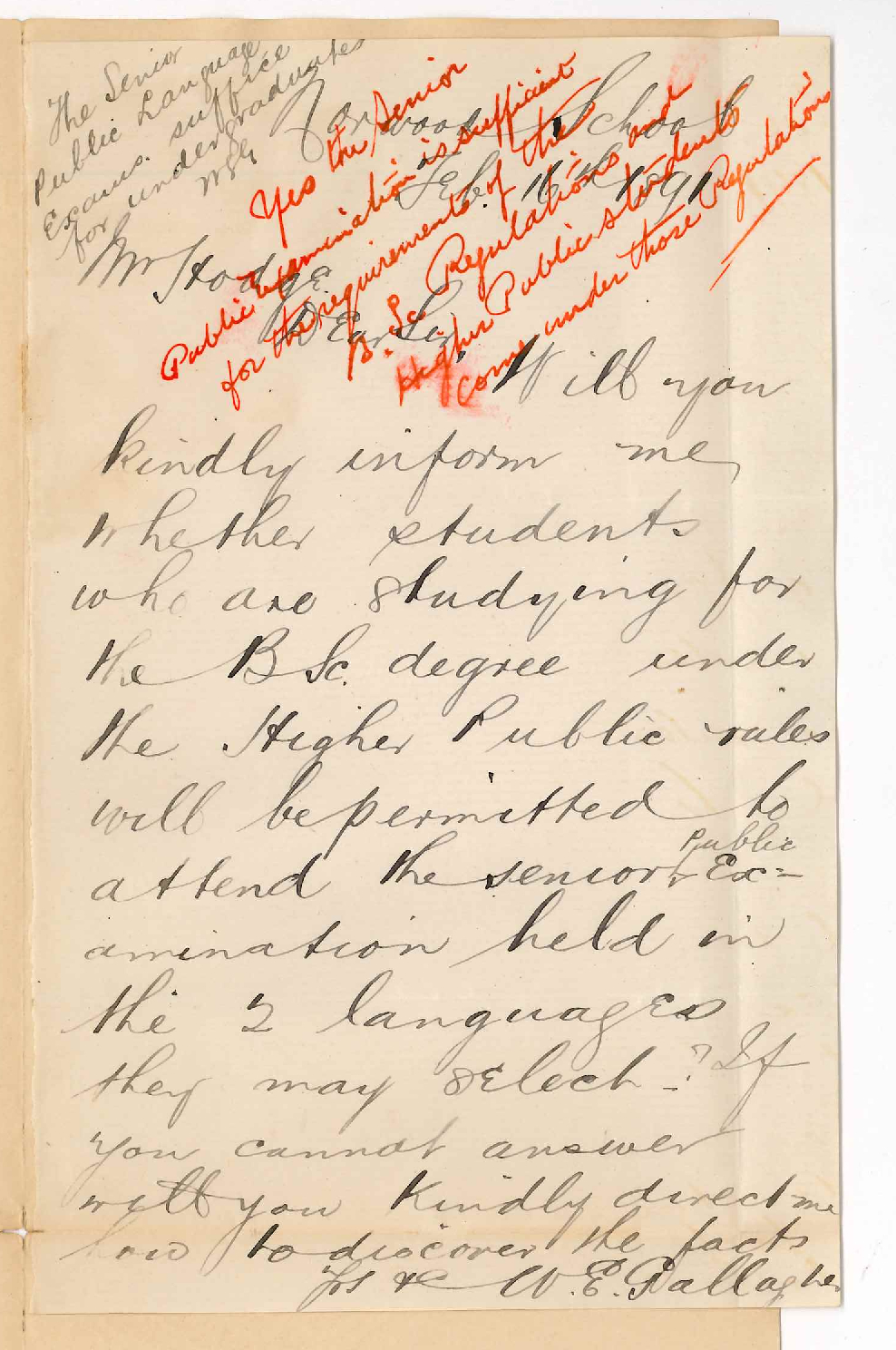 William Edward Gallagher - Norwood - Higher Public Examination and Examination in Languages for the BSc degree