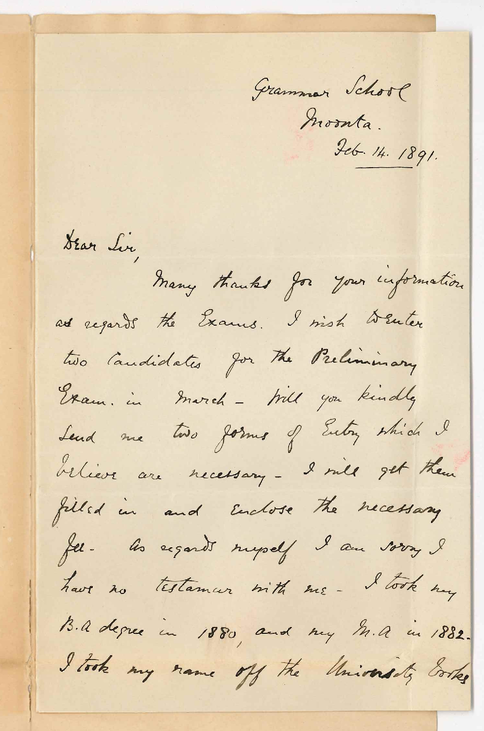 W F Evans - Moonta - Thanks for information Asks for Preliminary forms