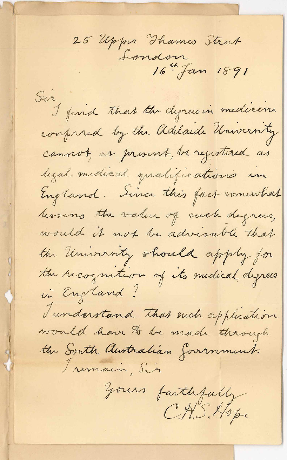 Dr Charles Henry Standish Hope - London - Registration of SA Medical degrees