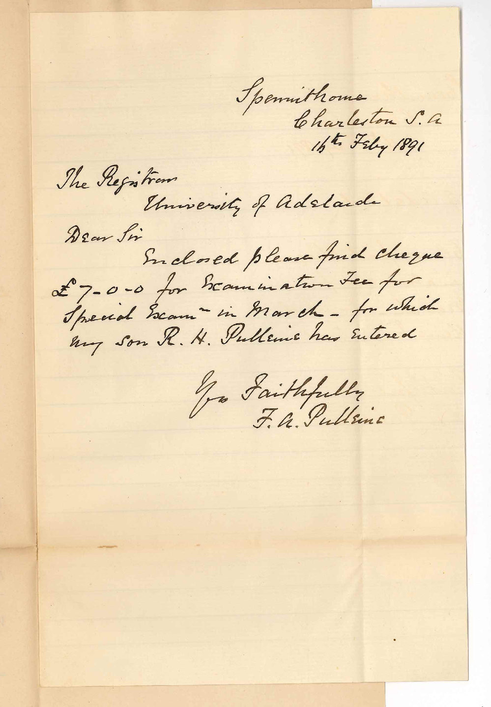Robert Henry Pulliene - Charleston - F A Pulliene paid fee for the Senior Public examination in March