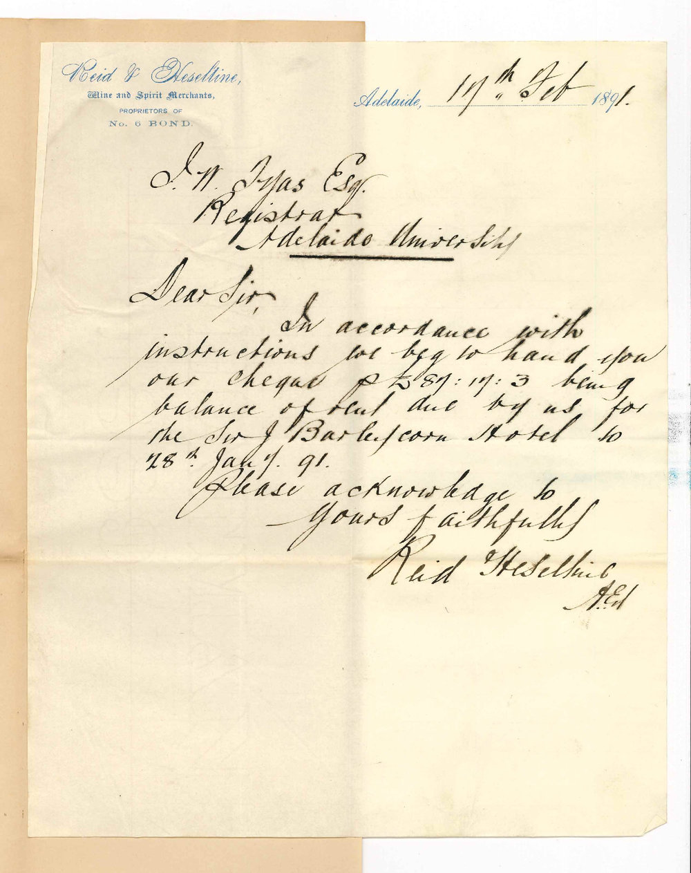 W L Reid and Samuel Richard Heseltine - Adelaide - Payment of McEllisters Interest