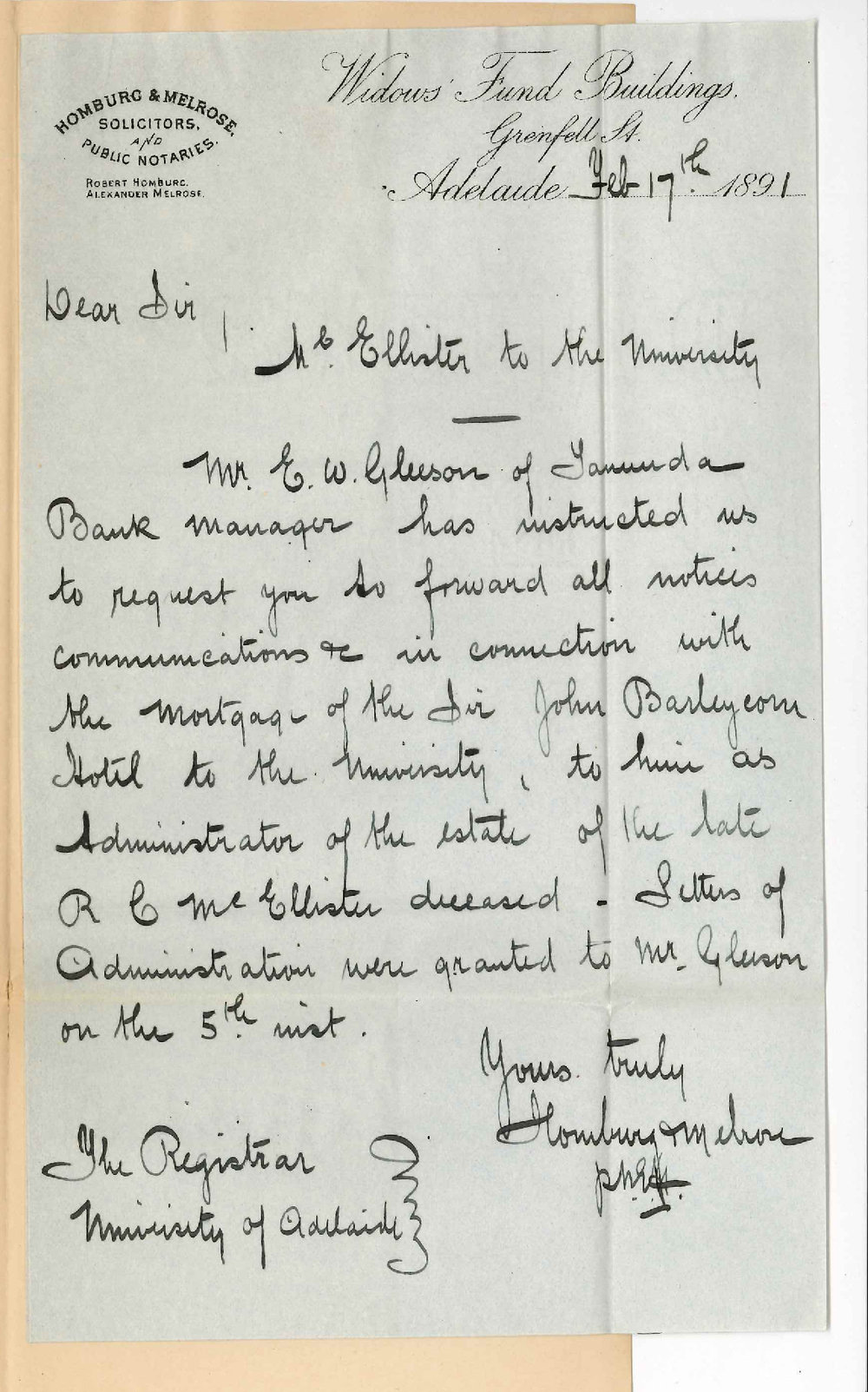 Robert Homburg and Alexander Melrose - Adelaide - All communications re McEllisters Mortgage to be sent to E W Gleeson Tanunda