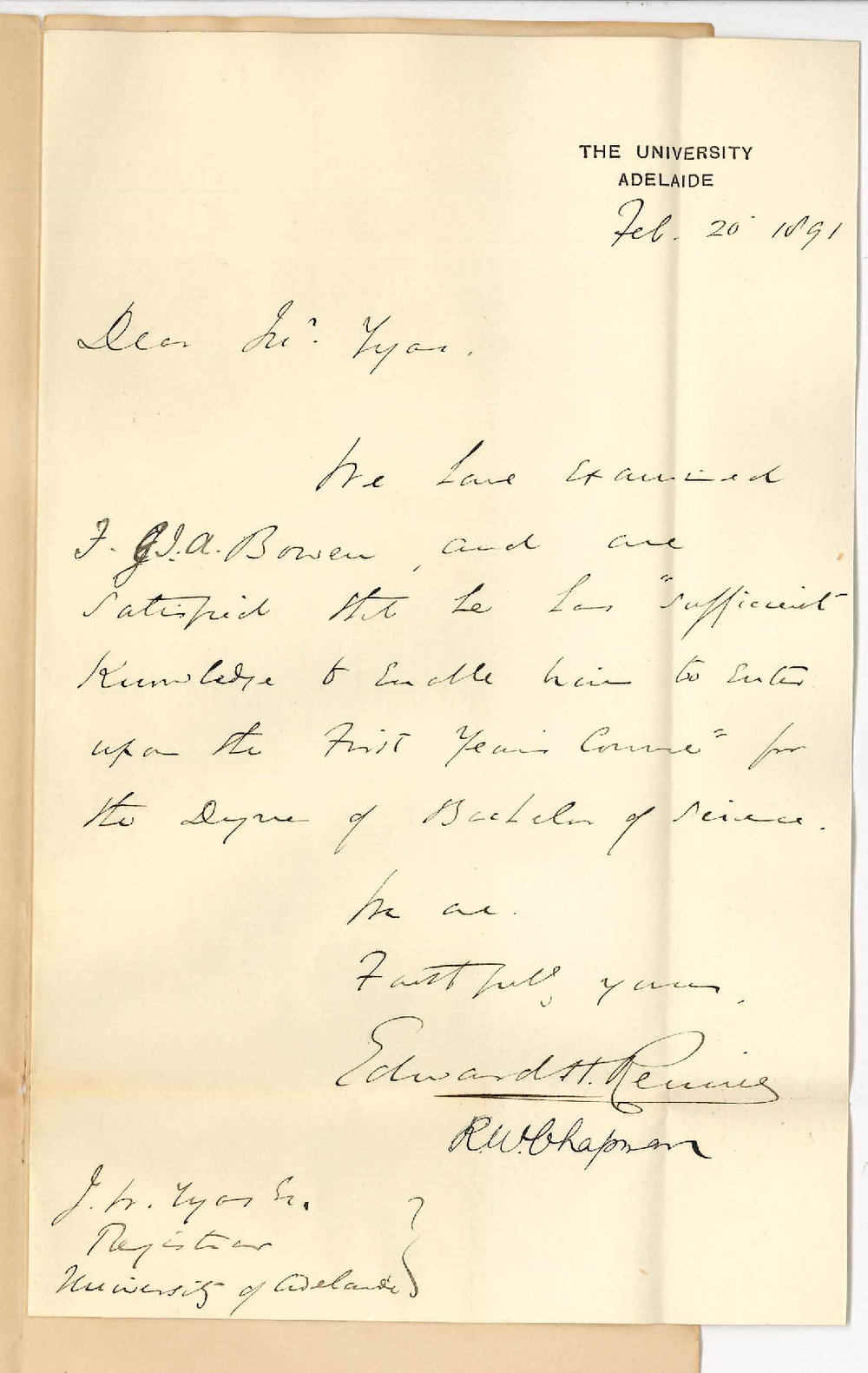Professor Edward Henry Rennie - Robert William Chapman - Examination of F J A Bowen for matriculation