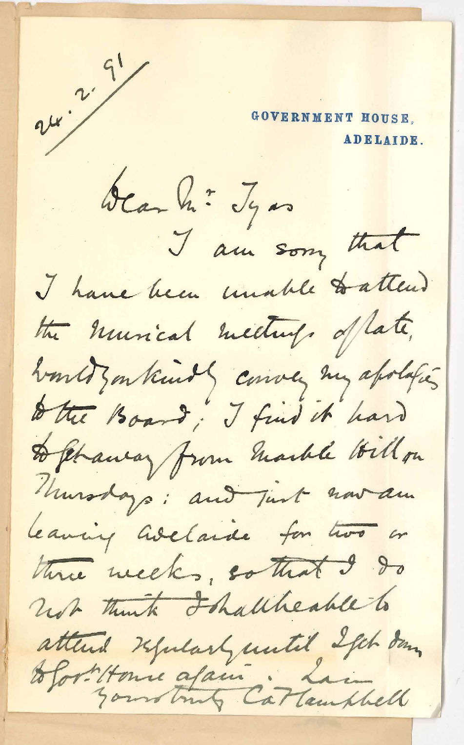 C A F Campbell - Government House - Unable to attend meetings of the Board of Musical Studies