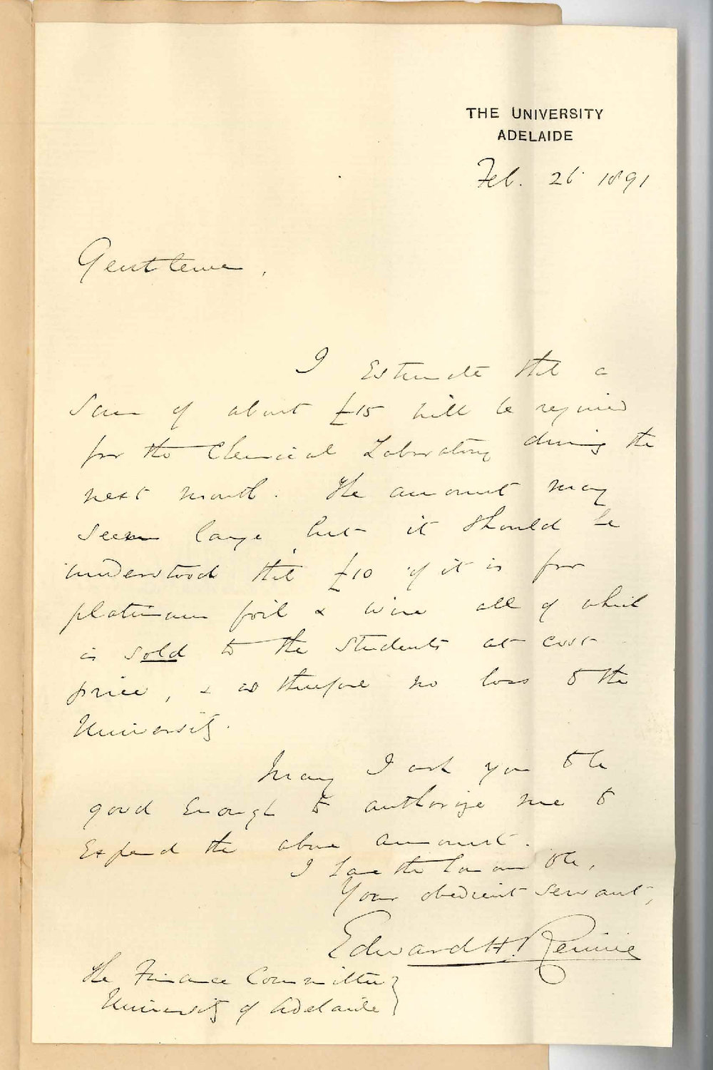 Professor Edward Henry Rennie - The University - Estimate of expenditure for the month