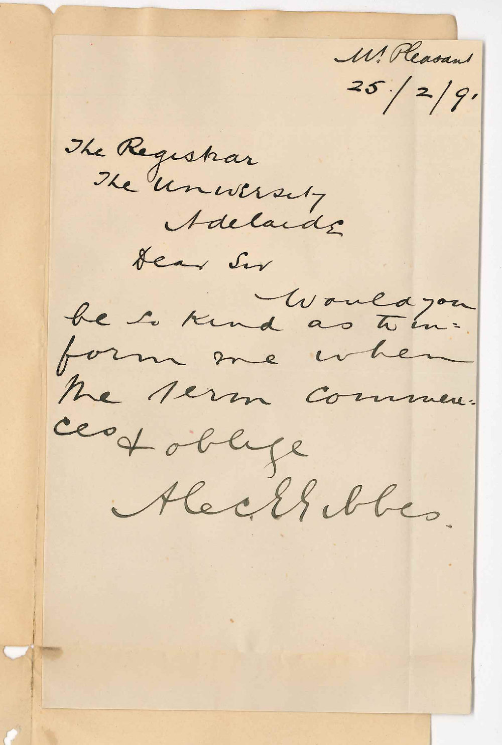 Alec E Gibbes - Mt Pleasant - Commencement of First Term