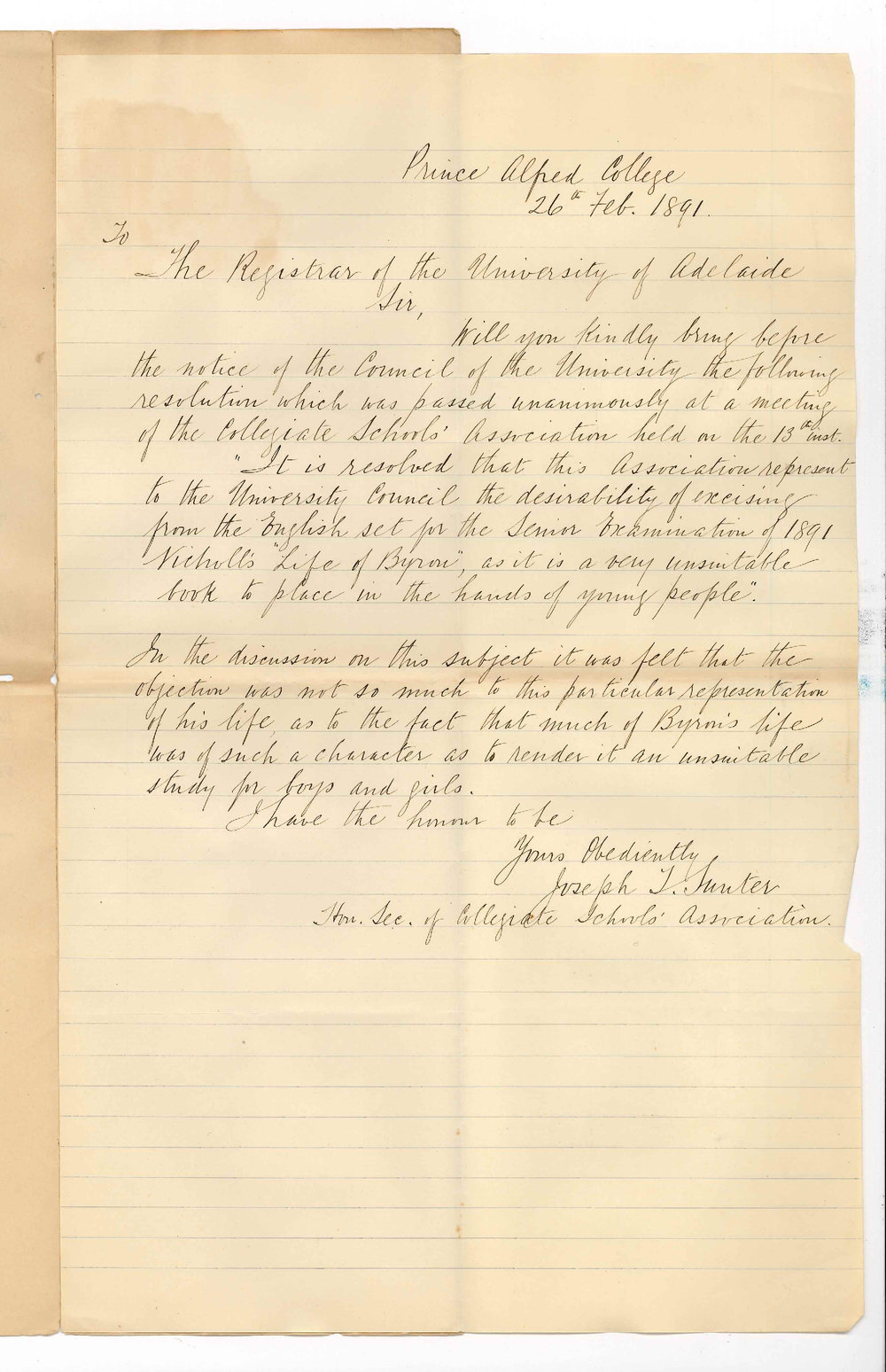 Joseph T Sunter - Secretary Collegiate Schools Association - Protest against Nicholls life of Byron as text book for English for Senior Public Examination