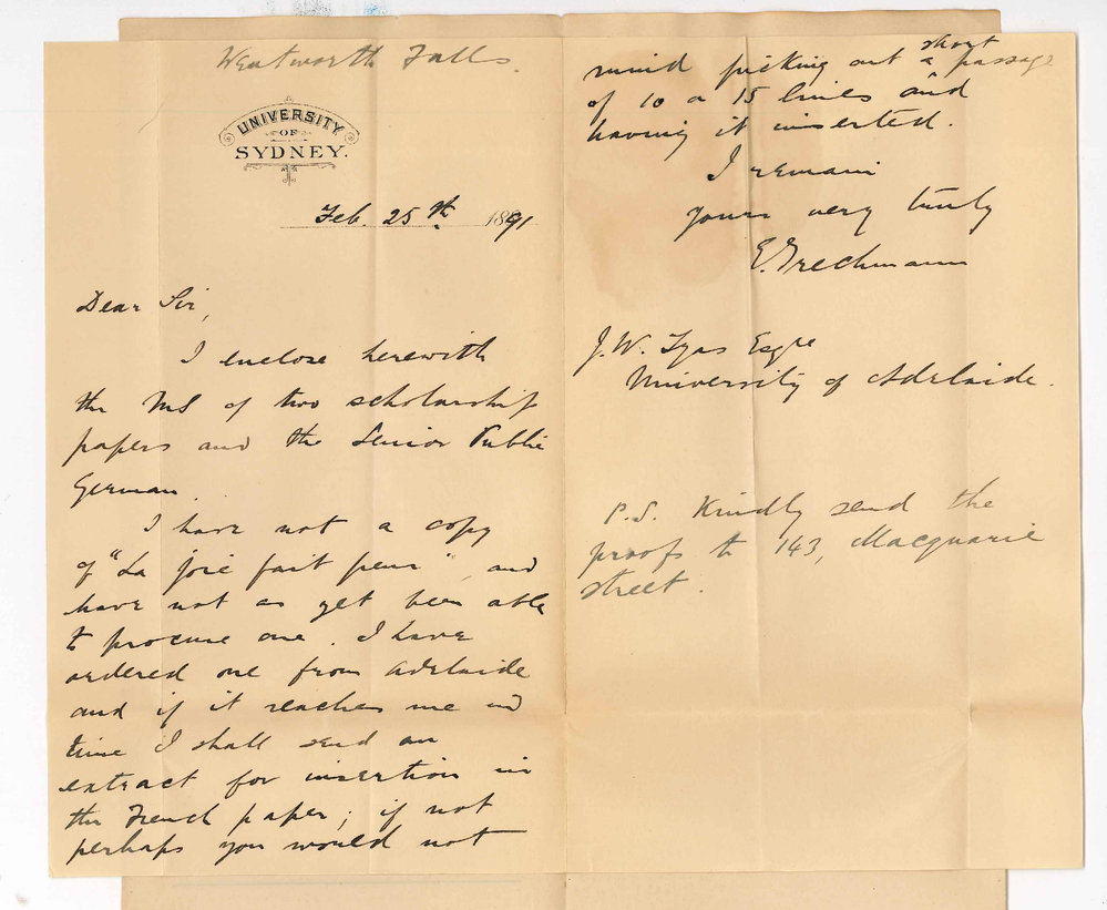 Emil J Trechmann - Sydney - Forwards papers for Examination