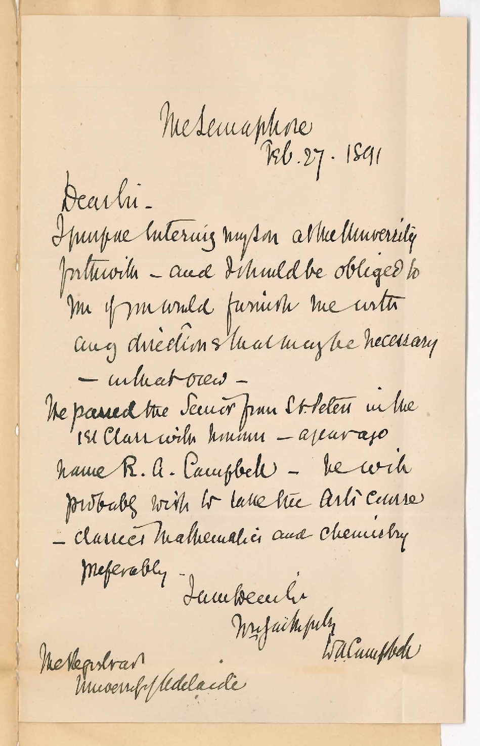 W A Campbell - The Semaphore - Steps necessary to enter son for the BA Course