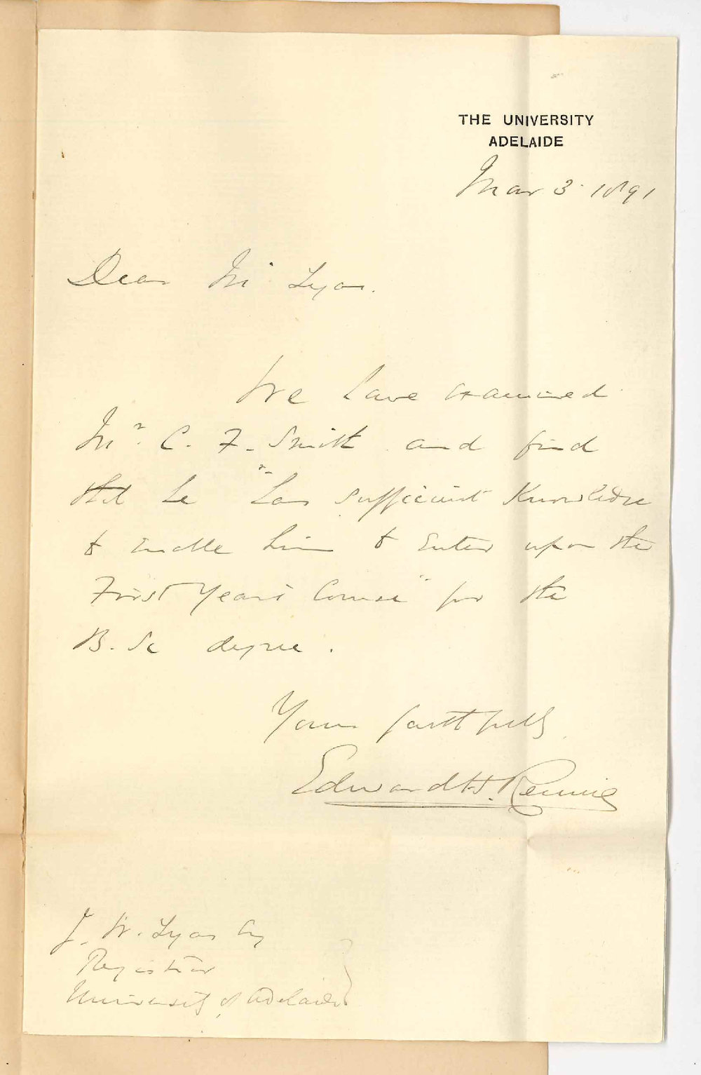 Professor Edward Henry Rennie - The University - Examination of the Reverend C F Smith for Matriculation