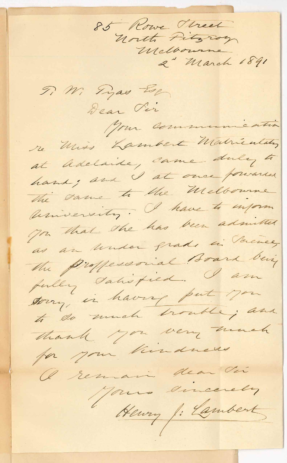Reverend Henry J Lambert - Melbourne - Miss Lambert Matriculation and University of Melbourne