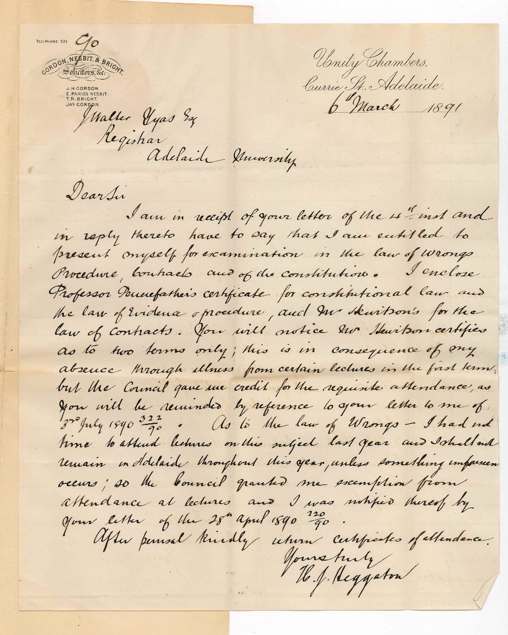 Horace John Heggaton - Adelaide - Term Examinations and exemption for lectures already attended