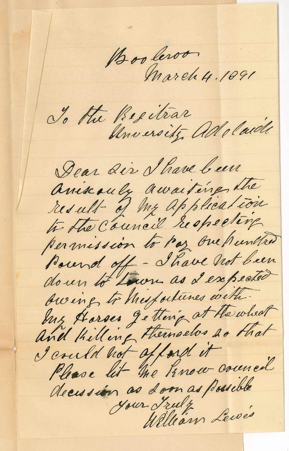 William Lewis - Booleroo - Concerning part payment of loan