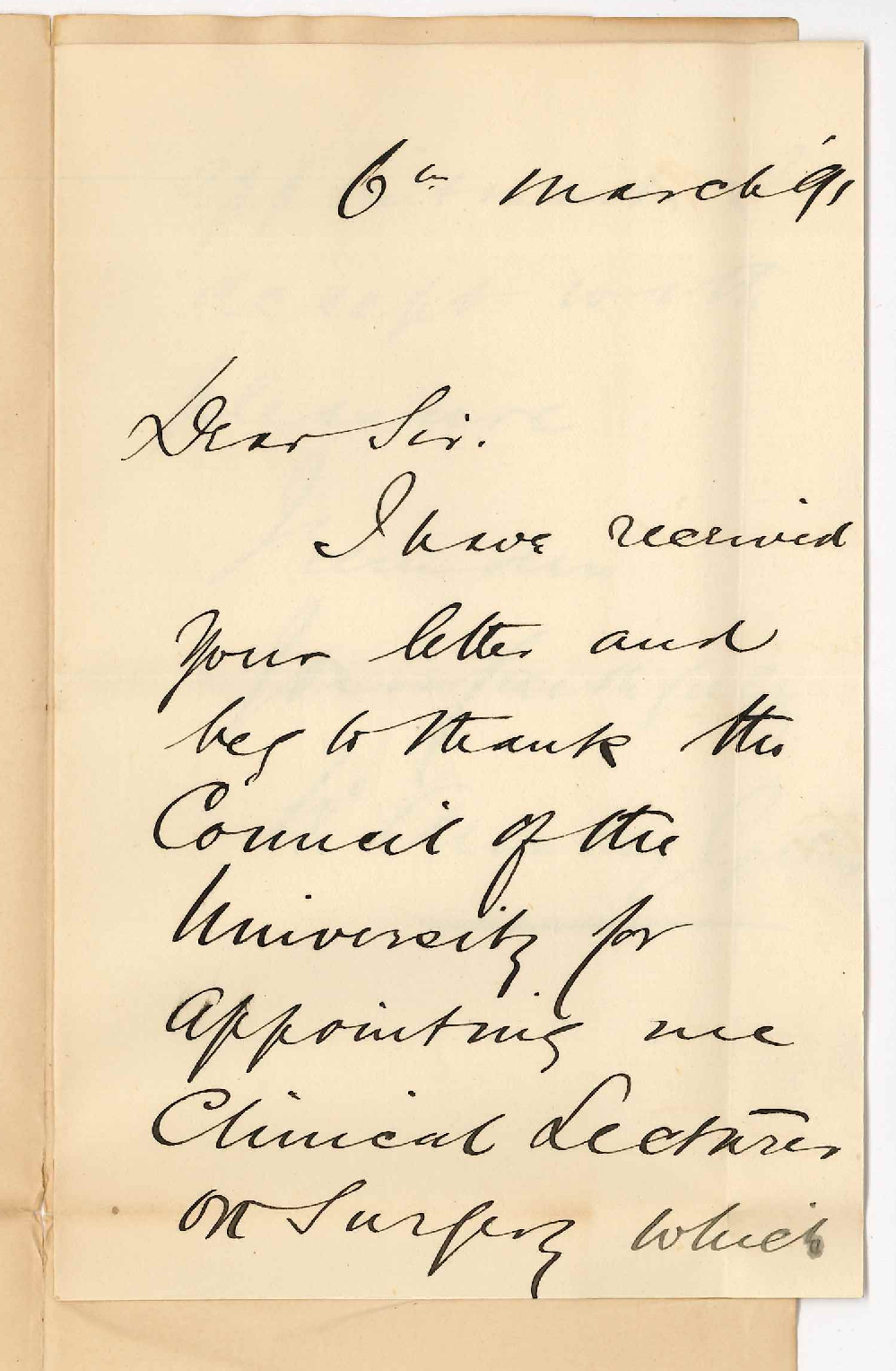 Dr William Anstey Giles - Adelaide - Thanks Council for election to post of Lecturer on Clinical Surgery