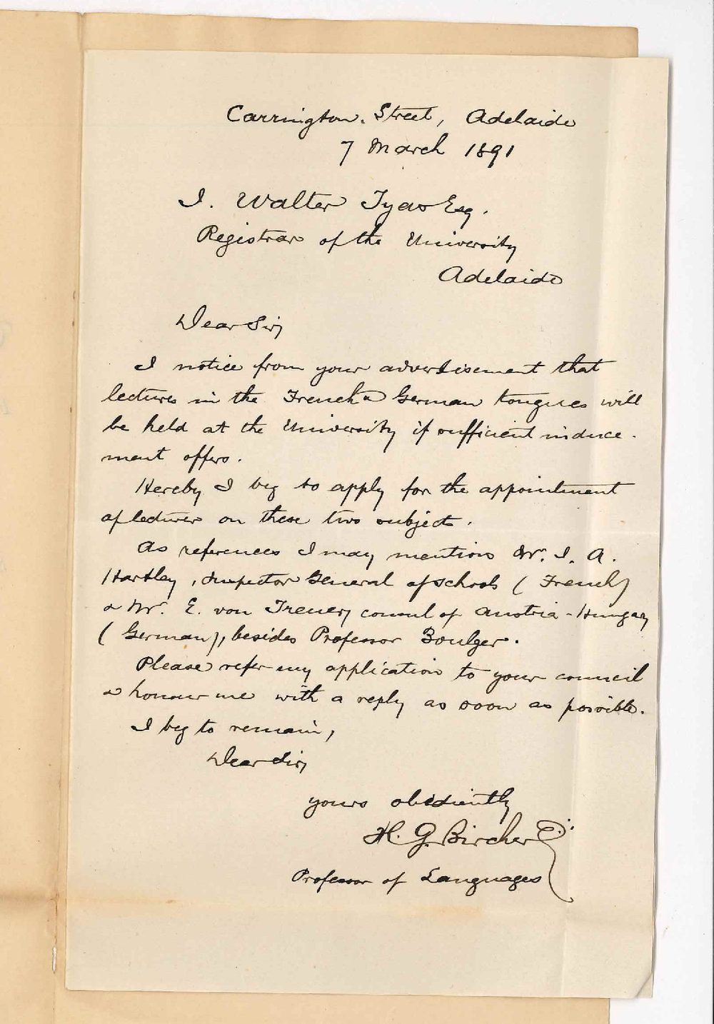 Mrs H G Bircher - Adelaide - Asks to be appointed on Evening Class Lecturer on French and German