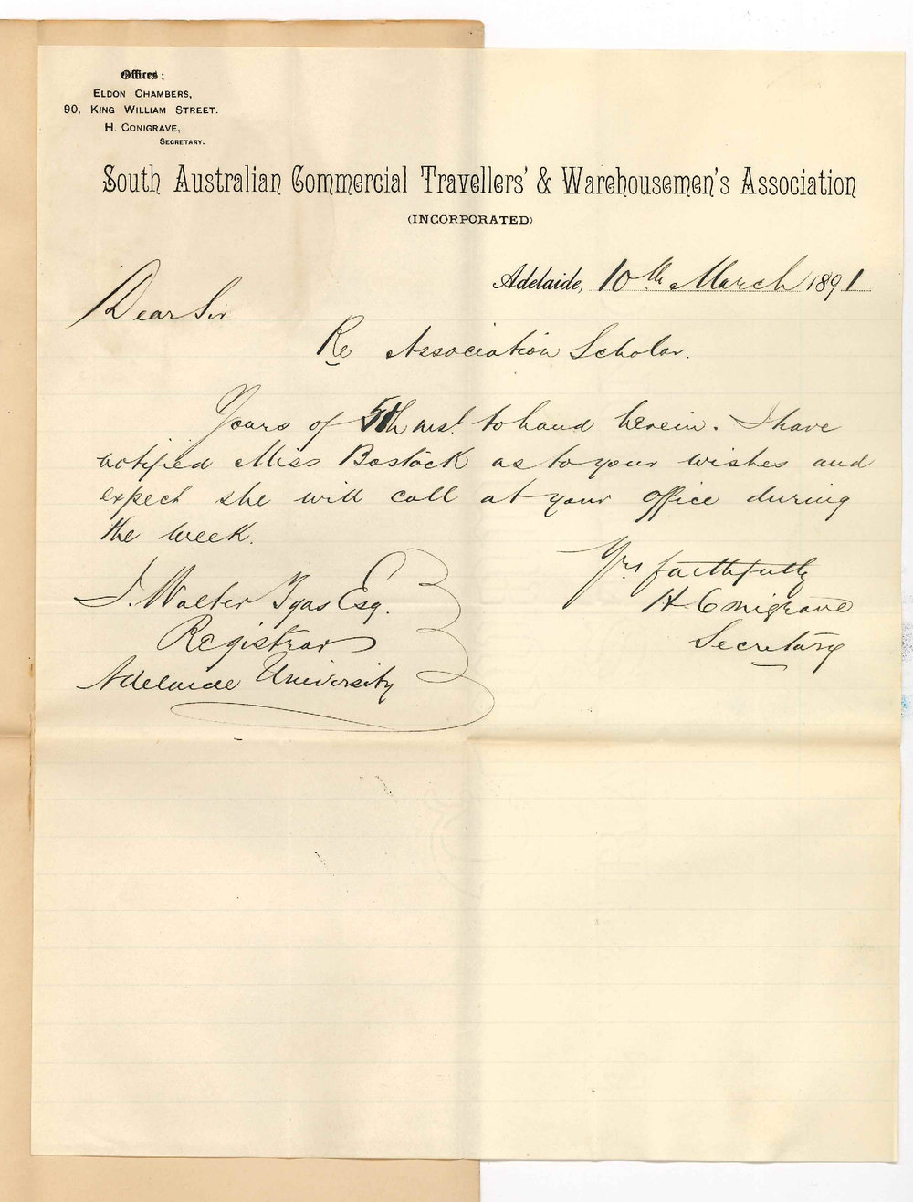 John Fairfax Conigrave - Secretary Commercial Travellers Association - Miss Jessie Bostock the Association Scholar
