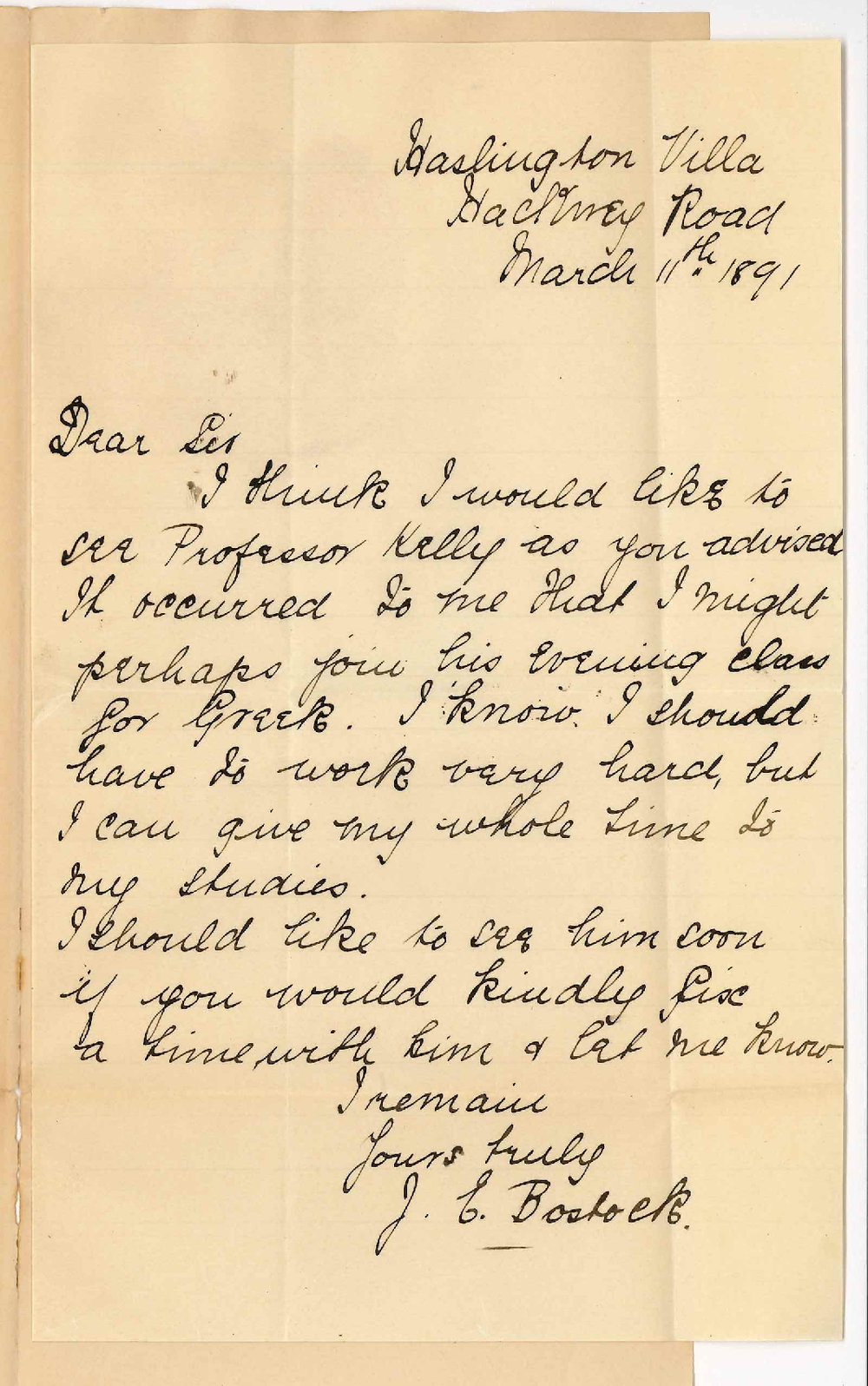 Miss Jessie E Bostock - Hackney - Wishes to be examined in Classics by Professor David Frederick Kelly