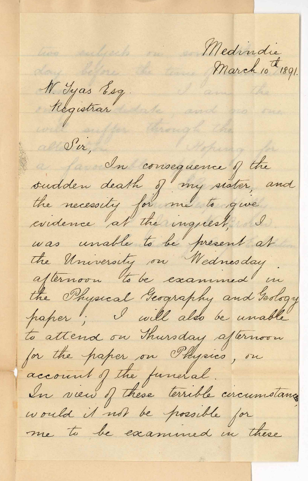 James W Brown - Medindie - Asks for special examination in certain subjects for Angas Exhibition Examination he could not sit for in consequence of his sisters death