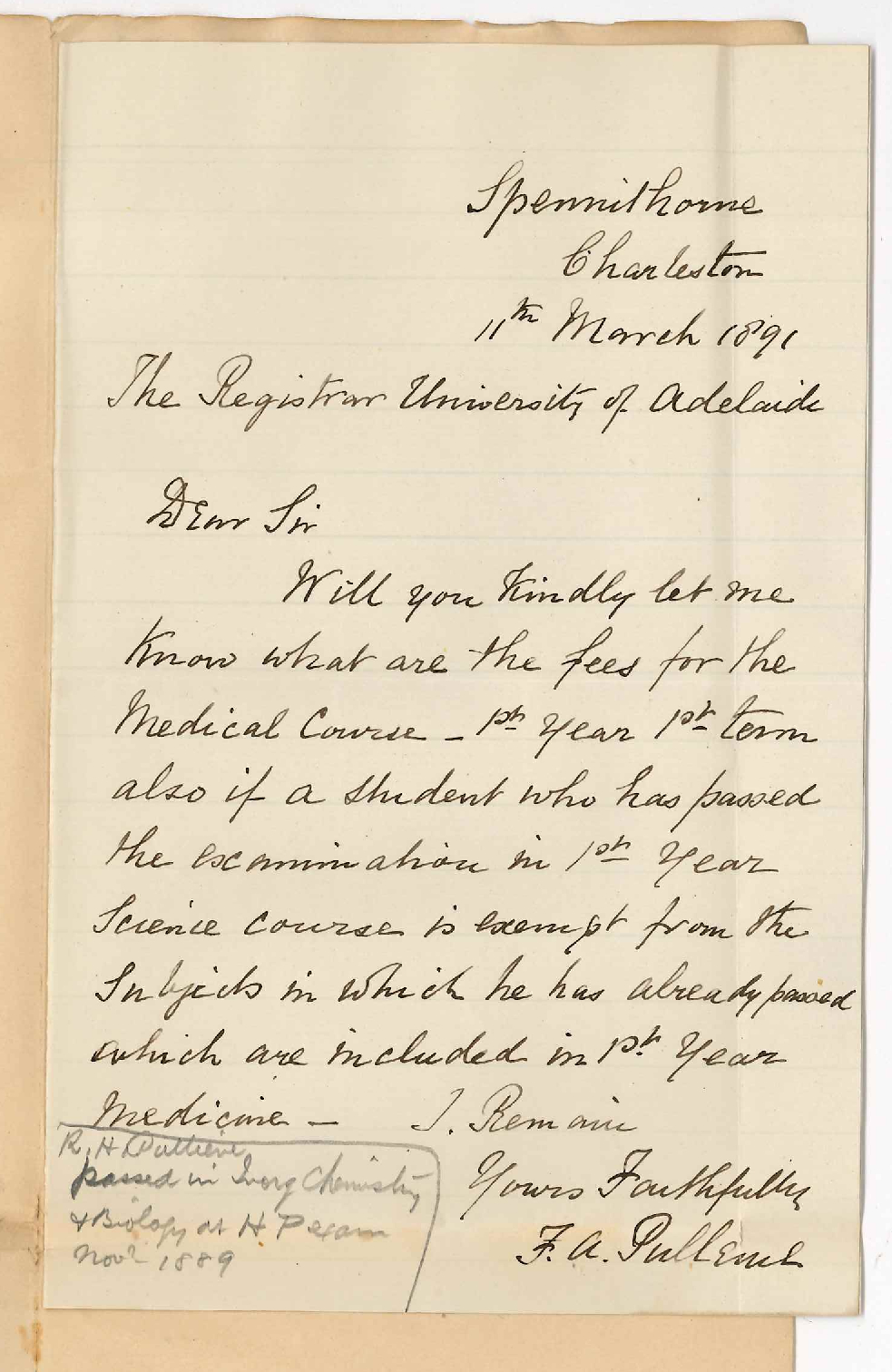 Frederick Arthur Pulleine - Charleston - Fees for MB Course 1st year Will student who has passed in certain Cognate subjects of the 1st year MB and BSc be granted exemption in 1st year of MB Course