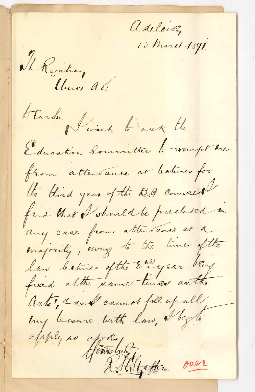 R Henderson Heffer - Adelaide - Exemption from attendance on lectures of 3rd year BA