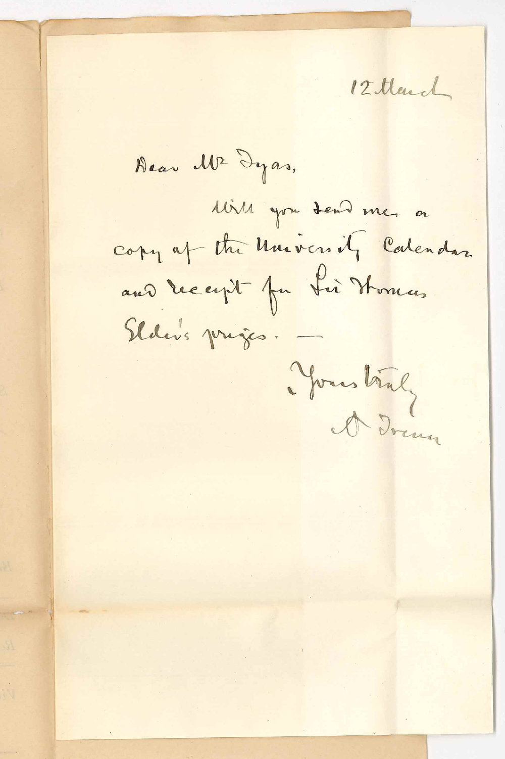 A Treuer - Adelaide - Asks for Calendar Sir Thomas Elders Prizes